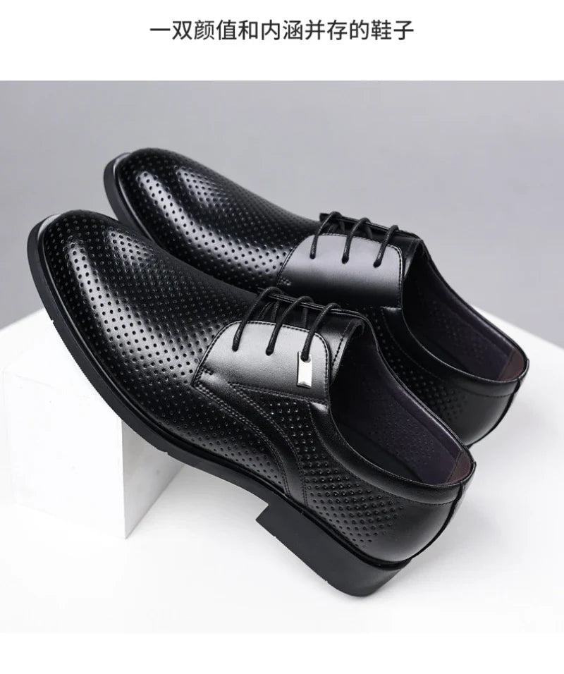 Mens Black Genuine Leather Perforated Metal Decor Lace Up Formal Business Office Breathable Summer Shoes Hollow Stylish Simple
