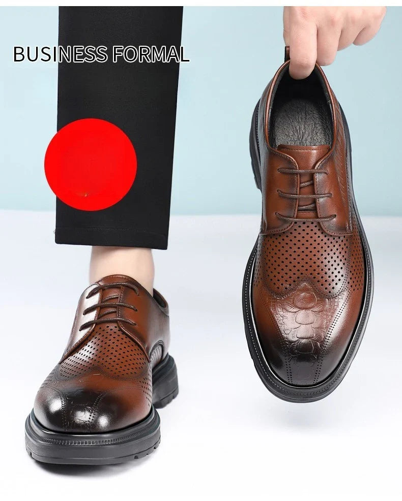 2026 Summer New Men's Cow Leather Oxford Shoes Hollow Out Formal Business Dress Shoes Male Non-slip Fashion Platform Shoe Man