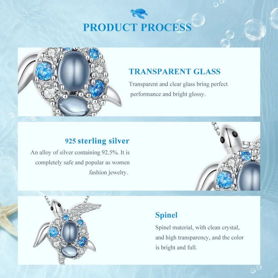 925 Sterling Silver Blue Spinel Sea Turtle Pendant Necklace Pave Setting CZ for Women Valentine's Day Gift