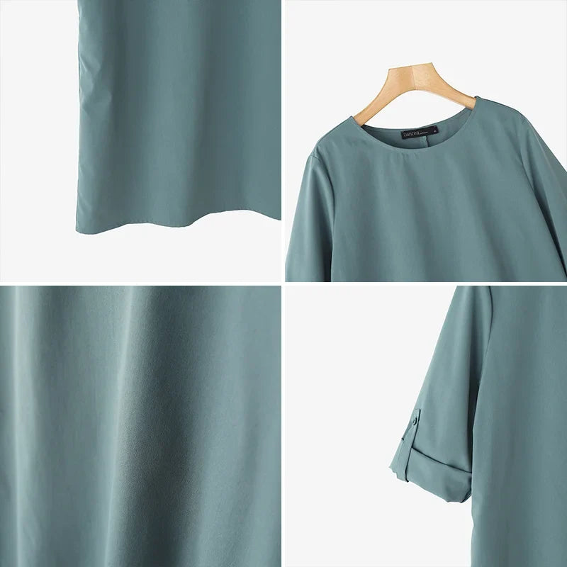 Elegant Women Party Dress 2026 Summer Fashion 3/4 Sleeve Casual Shirt Vestidos Pockets Loose Solid Knee-length Sundress