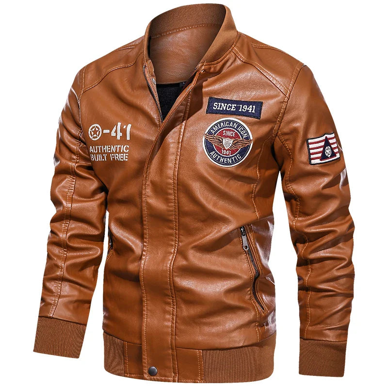 Men’s PU leather motorcycle jacket, color block pilot style, baseball collar, spring autumn, M–XXL
