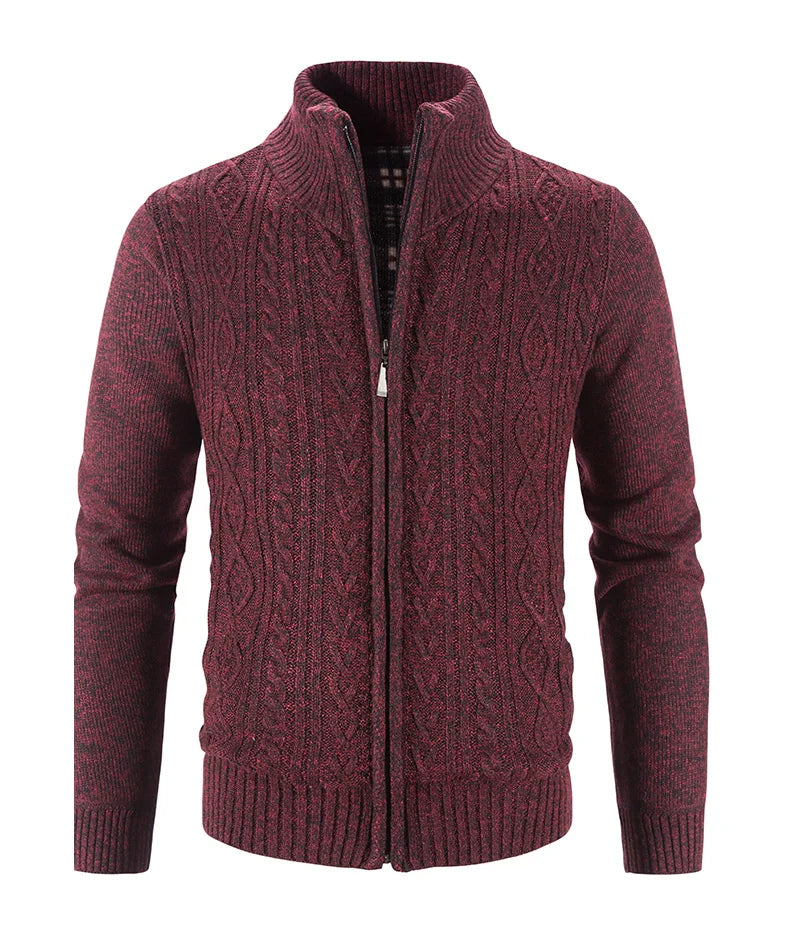 Winter Autumn New Sweater Knit Cable Cardigan Men Business Casual Jacket Zipper Up Solid Color Turn-down Coat Fleece Clothes