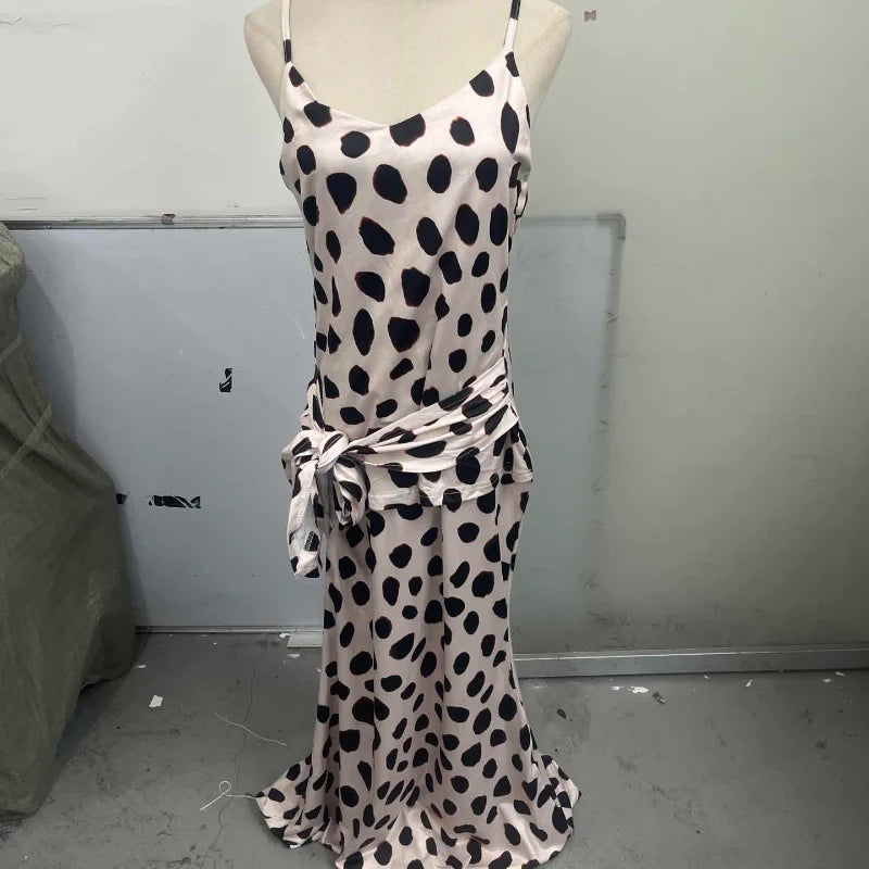 Print V-neck Lace Up Casual Dress Women Chic Thin Mesh Polka Dot Flared Sleeves Patchwork Slim Fit Dresses Lady Daily Vestidos