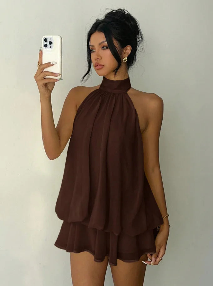 Women's Vacation Slim Fit Fashion Sexy Backless Halter Tie Waist Versatile Solid Color Dress, Stylish and Comfortable Summer
