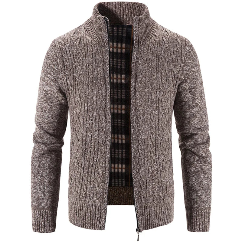 Winter Autumn New Sweater Knit Cable Cardigan Men Business Casual Jacket Zipper Up Solid Color Turn-down Coat Fleece Clothes