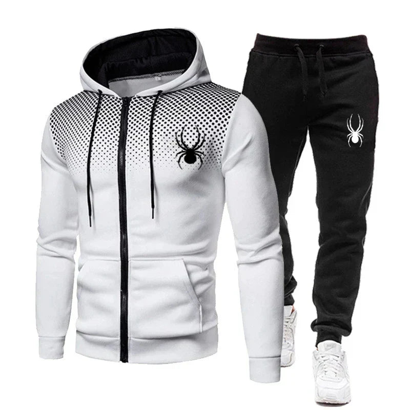 2025 Spring Winter spider print zipper long-sleeved hoodie + stretch waist pants two-piece men's sports jogging fitness suit