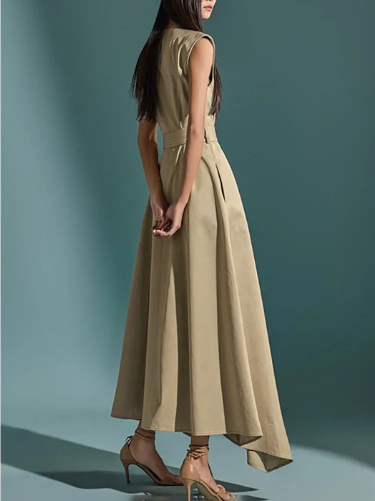 Summer 2025 Women's Elegant Sleeveless Cotton-Blended Dress Double Button High Waist A-Line Office Dresses with Belt