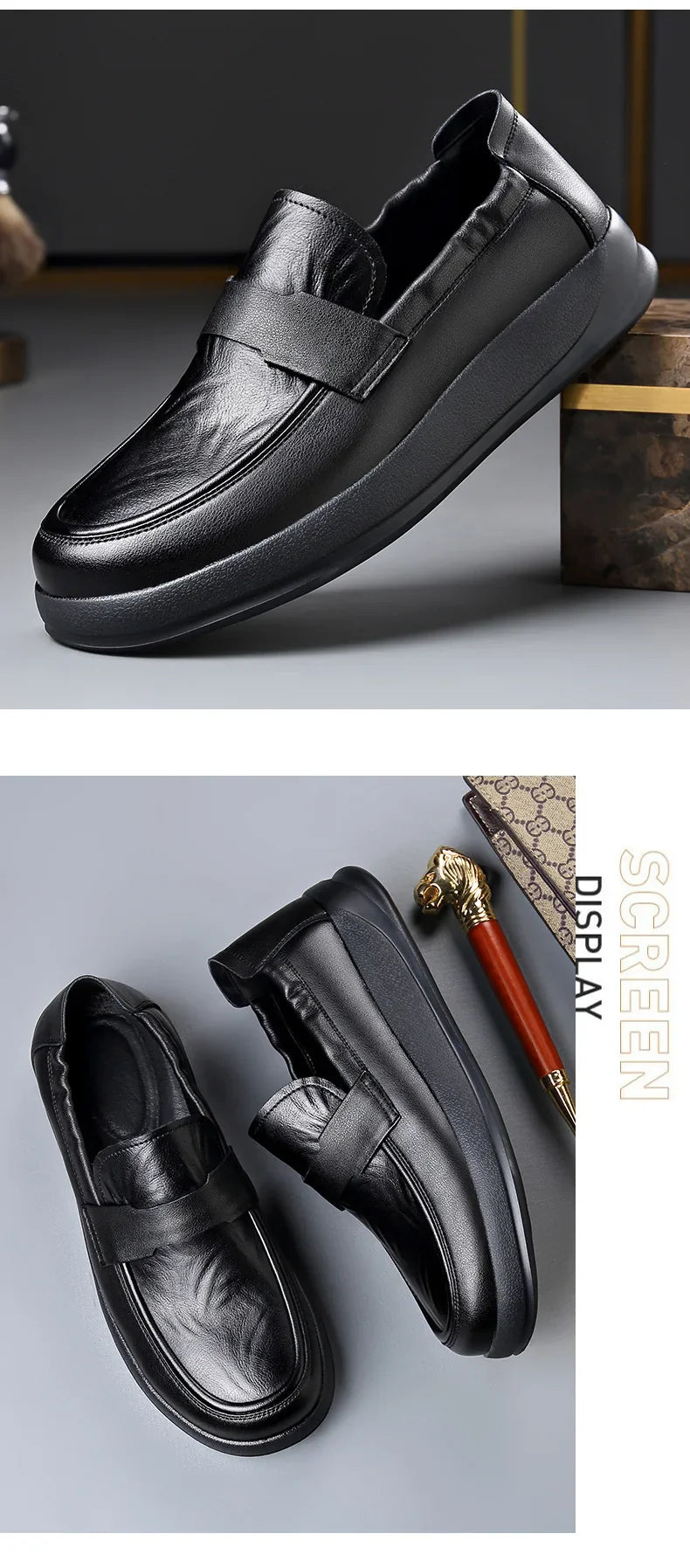 Spring Summer New Genuine Leather Shoes Men Solid Color Fashion Loafers Male Soft Sole Anti-slip Height-increasing Loafers Man