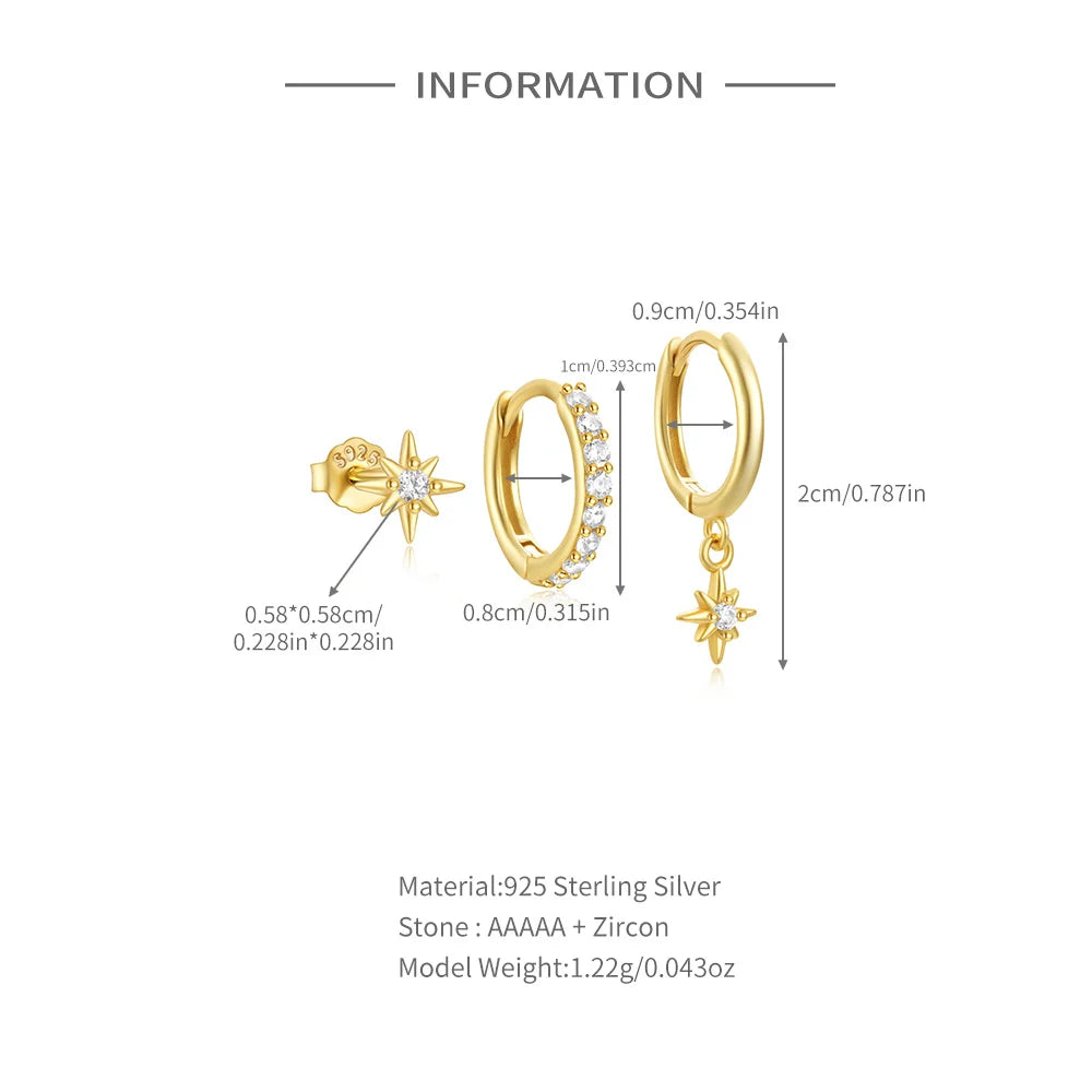 925 Sterling Silver 3pcs 4pcs Set Zircon Stud Earrings 18k Gold Star Minimalism Huggies Earring Fine Jewelly Set Party Gift