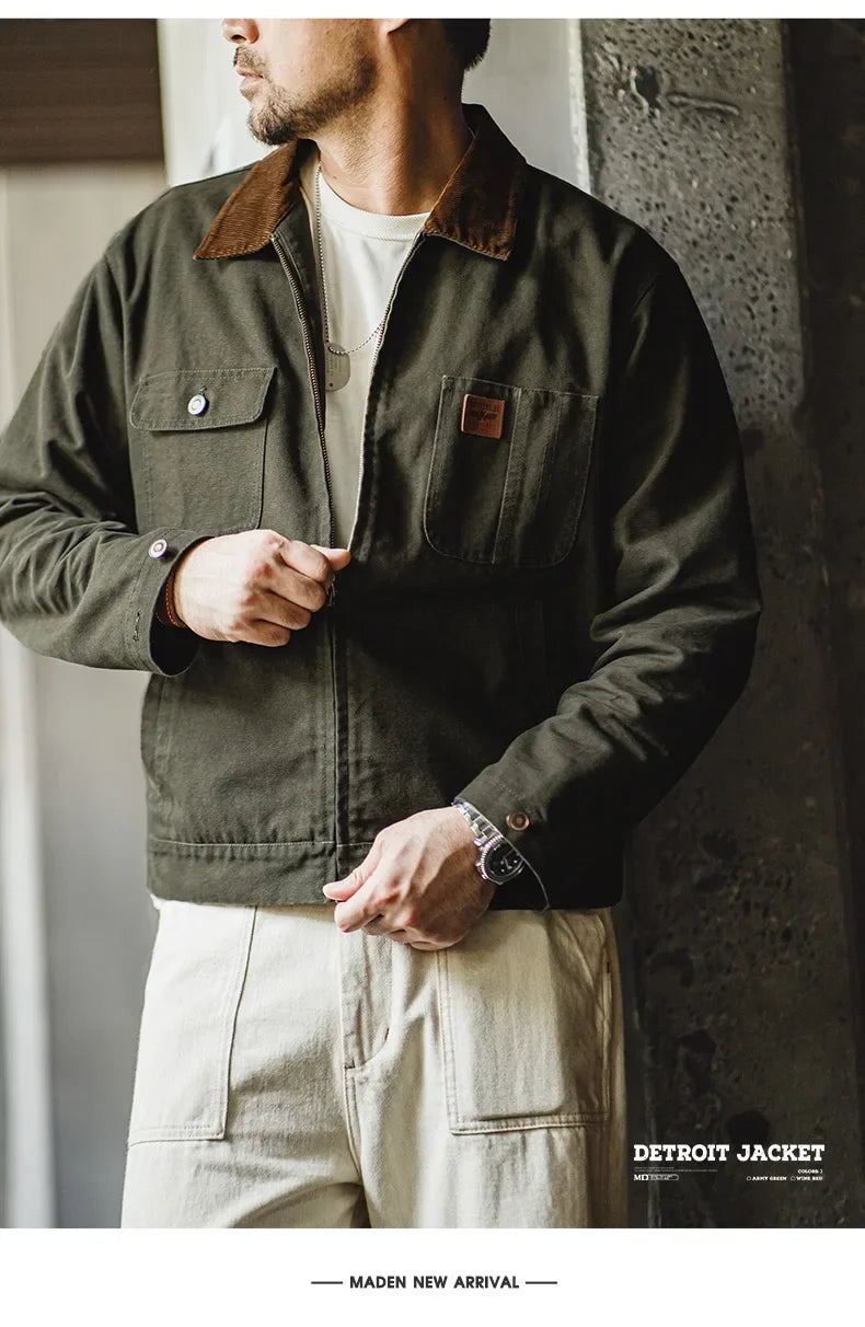 Retro Heavyweight Canvas Detroit Jacket Corduroy Collar Hunting Short Zip-Up Jacket with Pockets Men's Autumn Outerwear