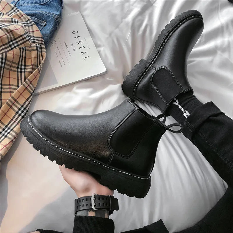 Mens Handmade Leather Chelsea Boots Elastic Sides Business Casual Dress Shoes Anti Slip Sole Comfortable Black Footwear