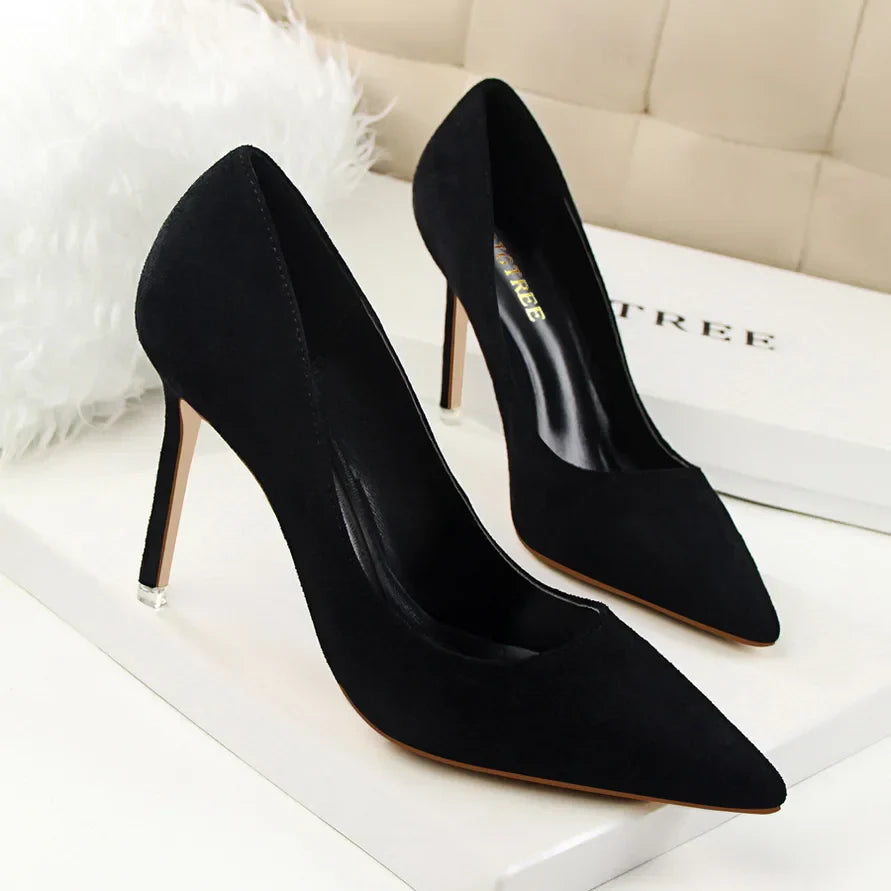 Women 9cm High Heels Yellow Burgundy Pumps Plus Size Stripper Suede Escarpins Lady Wedding Bridal Scarpins Green Blue Prom Shoes