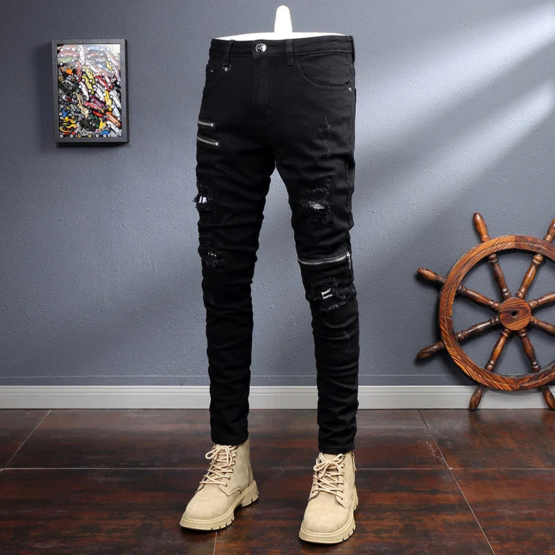 Men Elastic Slim Fit Destroyed Ripped Jeans