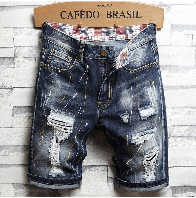 Brand Clothing New Summer Ripped Hole Denim Shorts Men Cotton Thin Straight Retro Biker Knee Length Short Jeans Male Streetwear