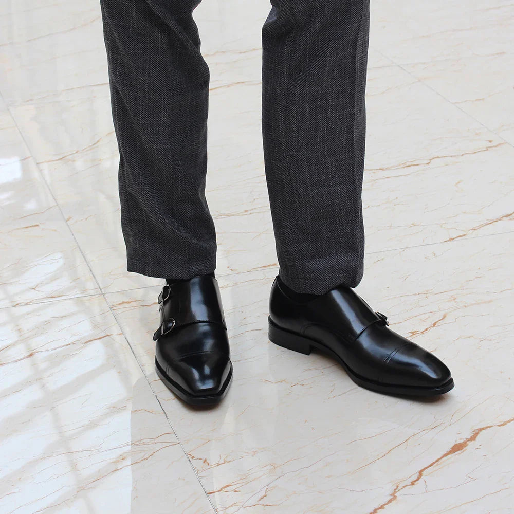 Luxury Genuine Leather Double Buckle Monk Strap Formal Shoes for Men Classic Cap Toe Business Office Wedding Dress Shoes
