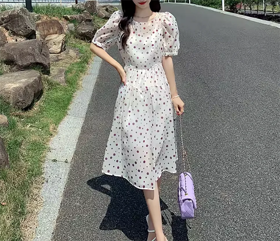 Purple polka dot chiffon dress for women