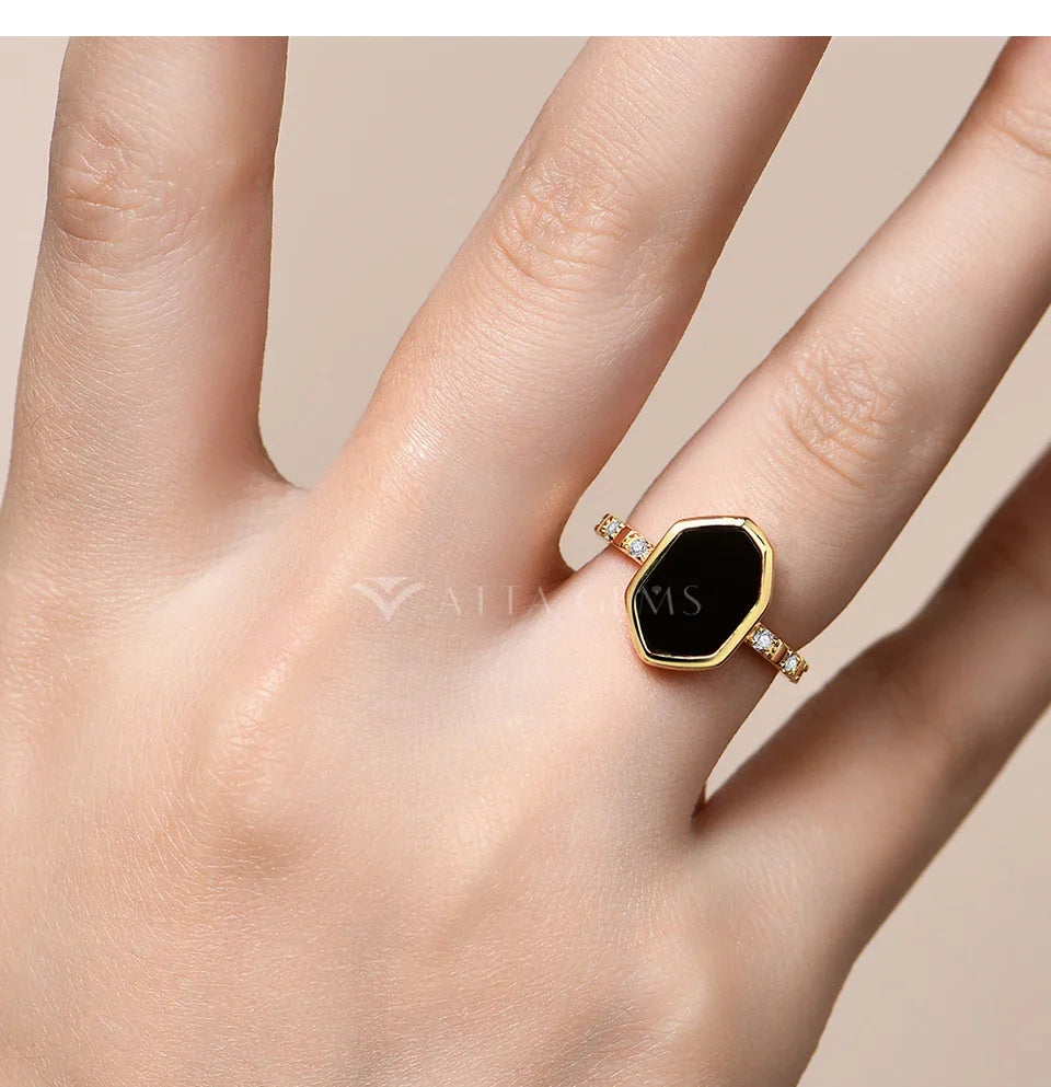Hexagon Black Onyx Rings for Women Men Moissanite Side Edge S925 Silver 18K White Gold Plated Party Daily Jewelry Gifts