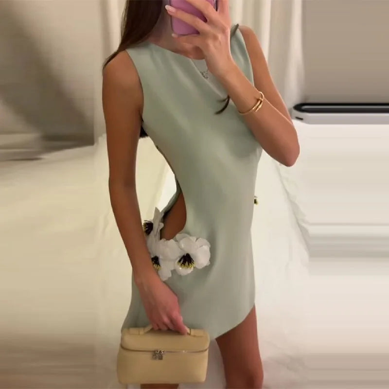 Women's Round Neck Solid Sleeveless Dress Sexy Waist Side Cut-outs Slim Mini Skirt Female New Date Commuter Party Clothes