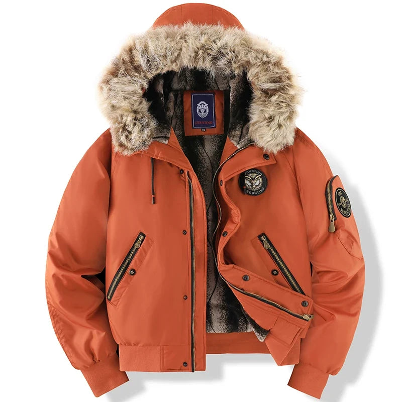 Winter Men's Black Padded Jacket Removable Hood Durable Windproof Fabric Embroidery Decorative Side Pockets Sleeve Zipper