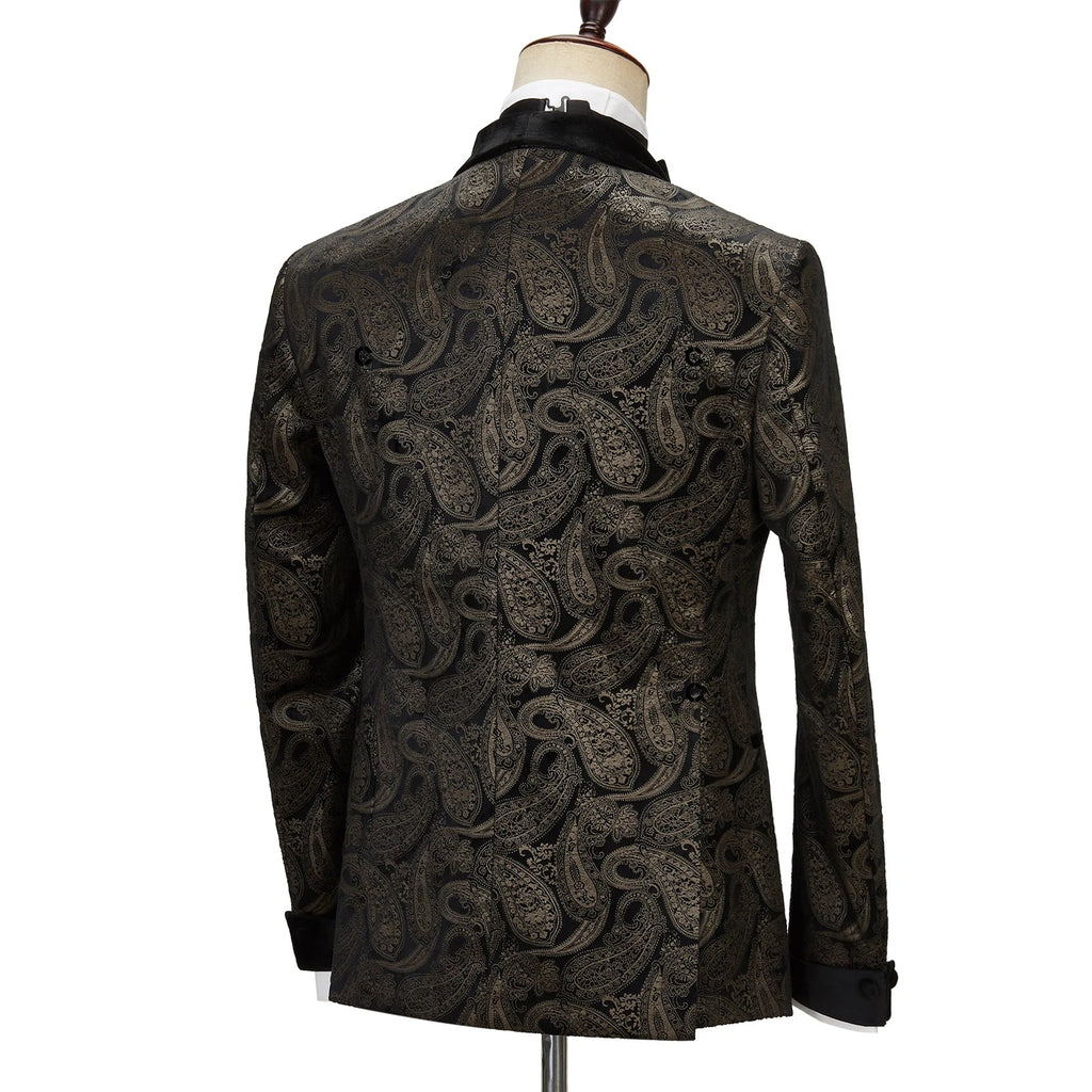 2023 Elegant Men's Suit for Wedding Tuxedo Double Breasted Black Paisley Jacket Velvet Lapel Pants 2 Pcs Set