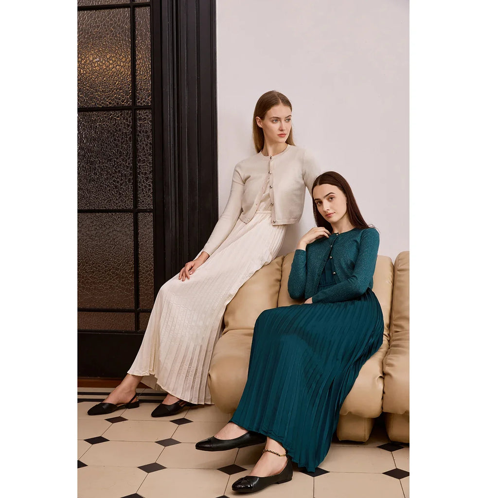 Women 2026 Autumn and Winter New Design Shine Cardigan and Pleated Slip Dress Elegant Lady Clothing