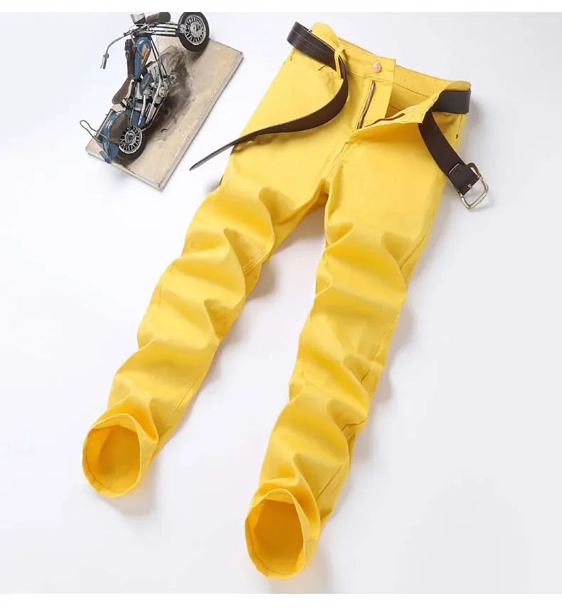 2024 Autumn New Men's Stretch Fit Jeans Bright Trendy Denim Straight-leg Trousers Male Red Lake Blue Yellow Trousers