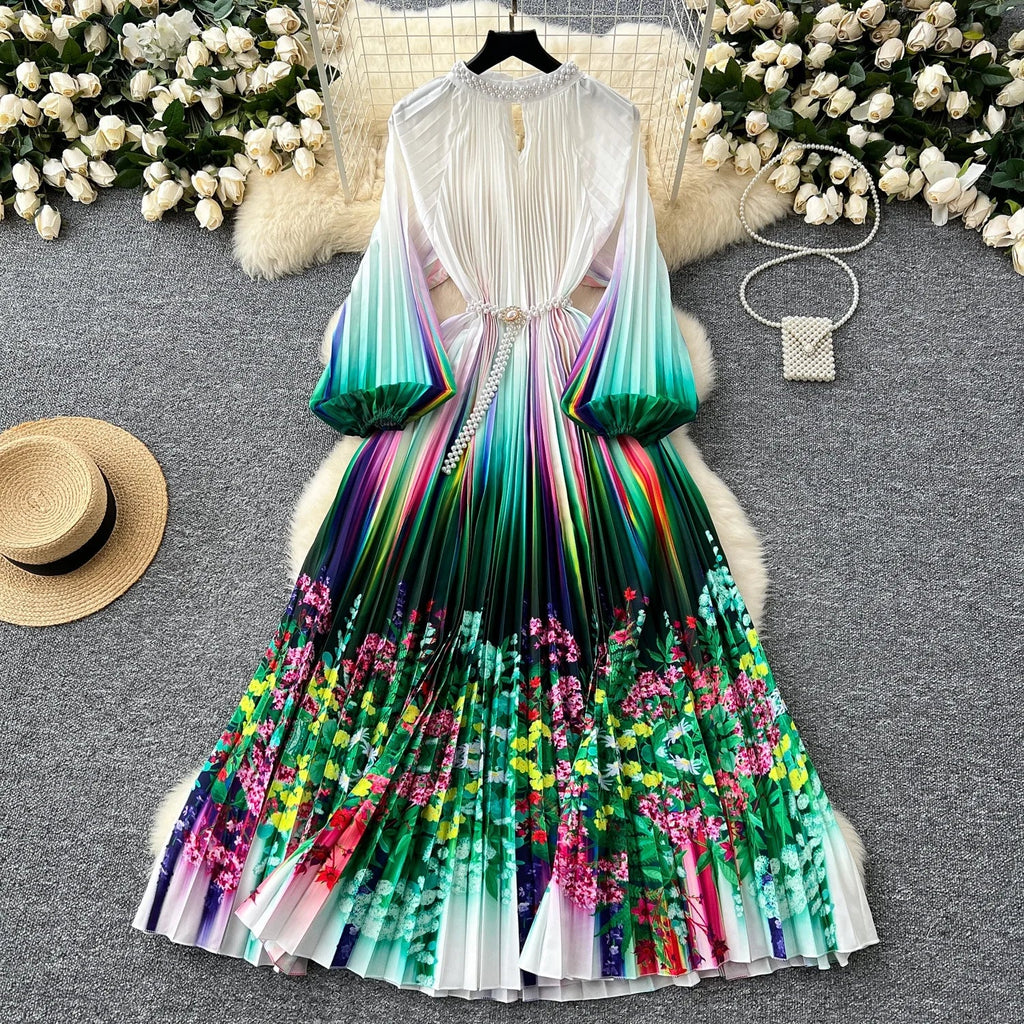 High-End Women's Dr Faionable Beaded round Ne Hollow out Pleated Lantern Sve Waist Cinched Floral Print Lon...