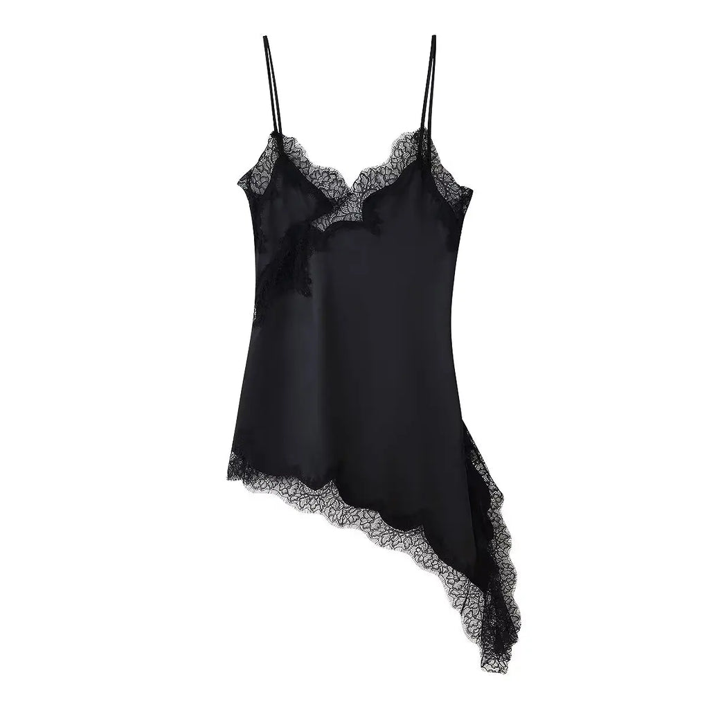 Woman Summer Sexy Sleeveless Backless Chic Beach Party Dress Women's Elegant Asymmetry Lace Decorate Slim Sling Dress