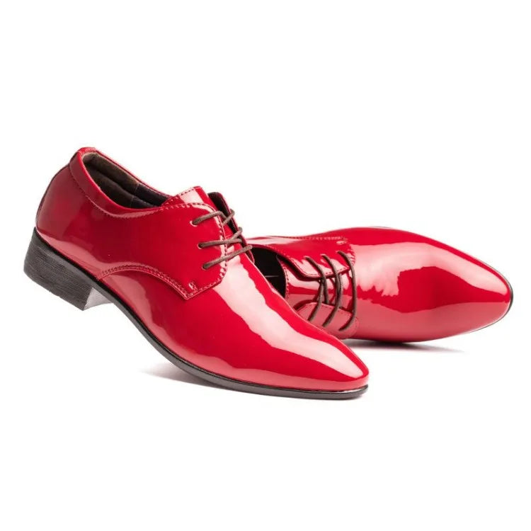Men's Red Patent Leather Wedding Groomsmen Shoes Low Block Heel Business Formal Dress Shoes Trendy Casual Footwear