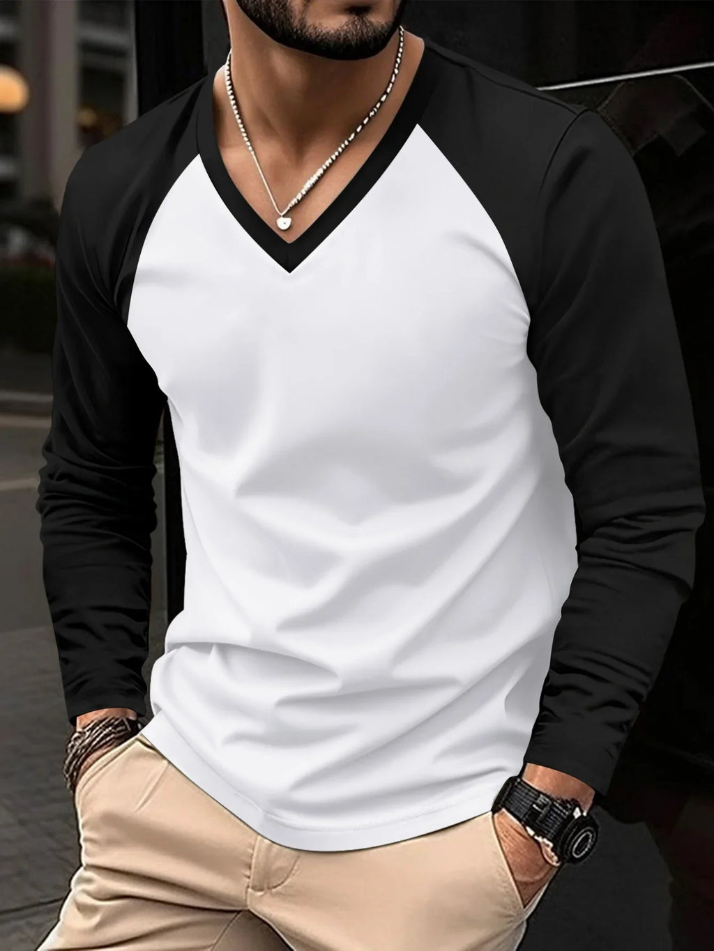 New Spring Autumn Style Simple Outdoor Sports Fashion Trendy Versatile Color Block V-neck Long Sleeve Men's Top