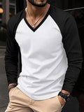 New Spring Autumn Style Simple Outdoor Sports Fashion Trendy Versatile Color Block V-neck Long Sleeve Men's Top