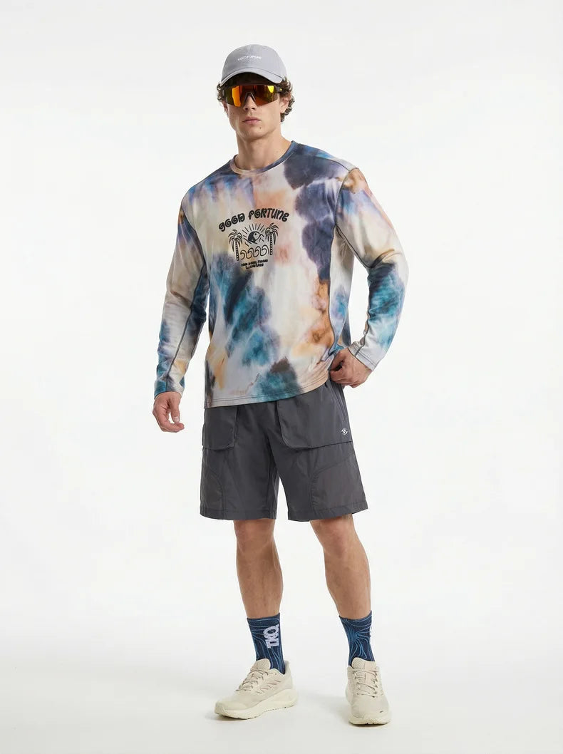 Men's Long Sleeve Sports T-Shirt Quick Dry Stretch Athletic Base Layer Ink Digital Printing Workout Running Top Unisex