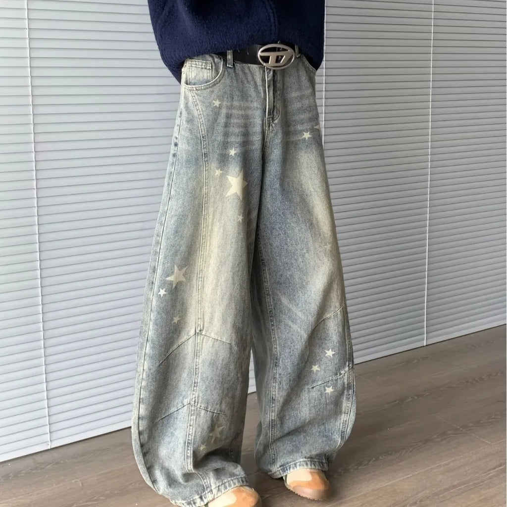 Vintage Casual Y2K High Waisted Straight Leg Star Jeans Fashion Cute Printed Gradual Pants for Men And Women