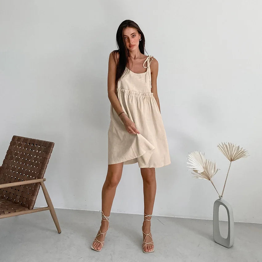 Women's Cotton Linen Spaghetti Strap Mini Dress Summer Loose A-Line Beach Vacation Dress Female Fashion Streetwear Dress