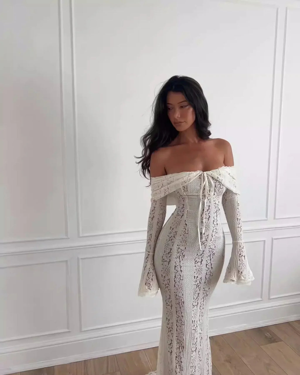 Oligai Elegant Off The Shoulder Bodycon Dress 2024 New in White Flare Sleeve Lace Maxi Dress Wedding Guest Dress for Women