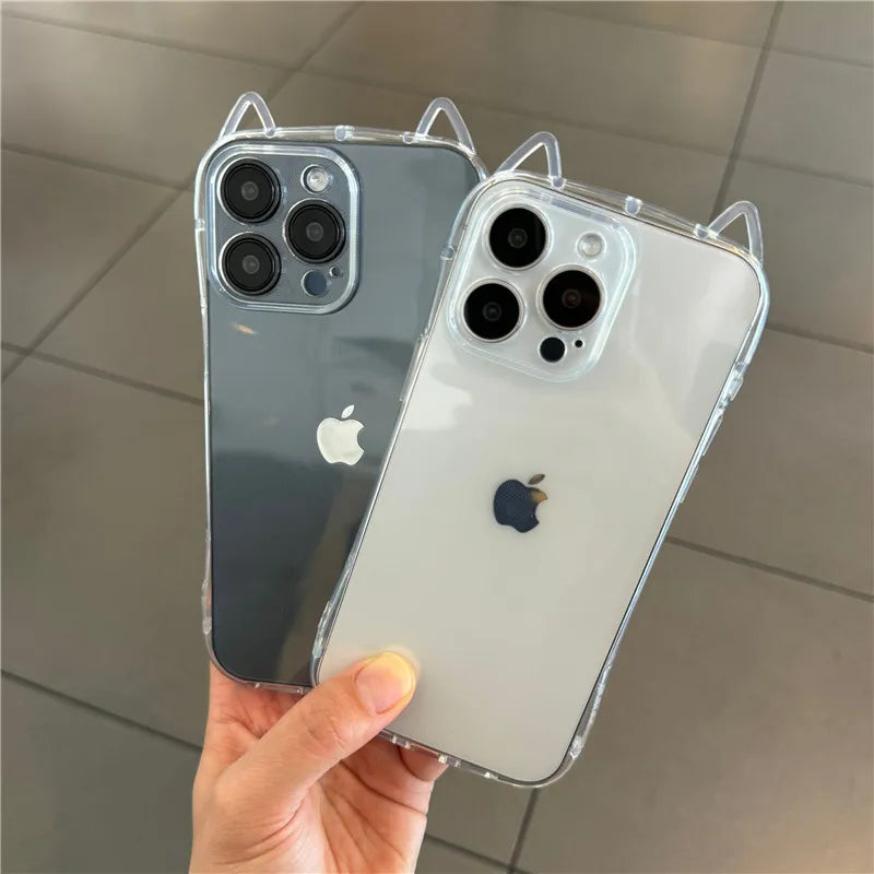 Cute Cat 3D Ears Transparent Phone Case For iPhone 17 Pro Max Air 16 15 13 11 12 14 Plus Soft Clear TPU Back Cover Shell