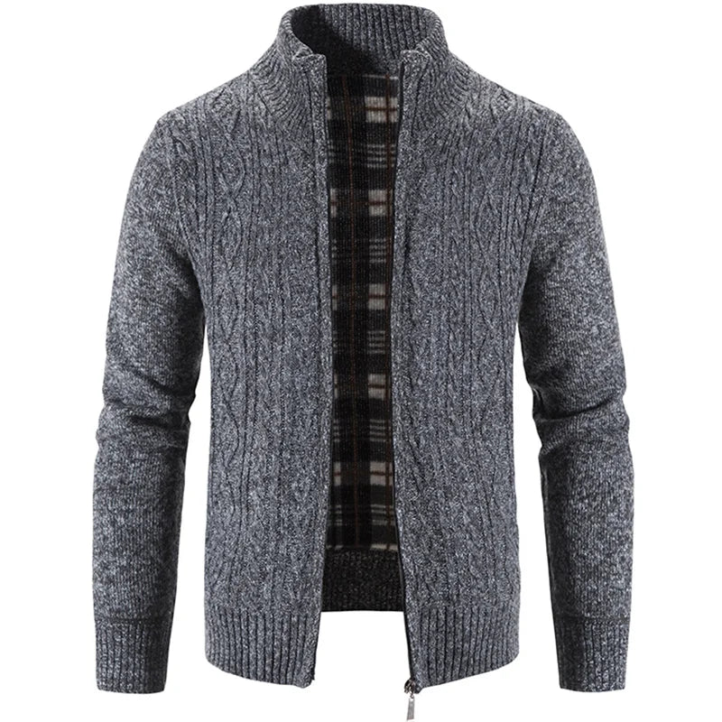 Winter Autumn New Sweater Knit Cable Cardigan Men Business Casual Jacket Zipper Up Solid Color Turn-down Coat Fleece Clothes