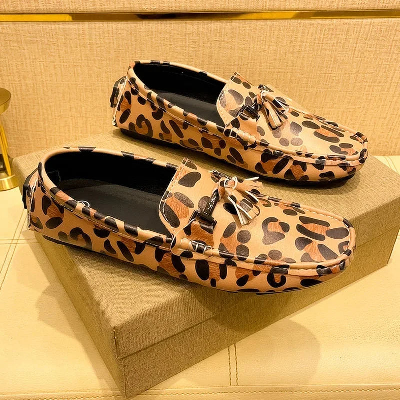 Fashion Red Leopard Leather Casual Shoes Man Designer Tassels Loafers Men Comfortable Slip-on Men's Driving Shoes Large Size 48