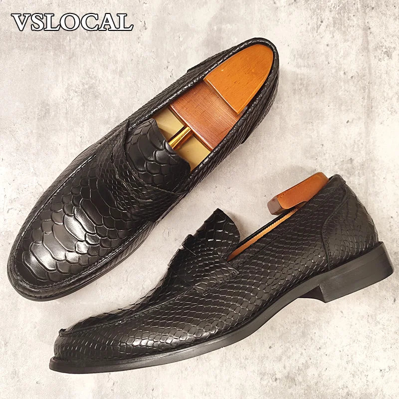 Luxury Men's Loafers Black Coffee Slip On Snake Print Mens Casual Shoes Wedding Office Banquet Genuine Leather Shoes Men