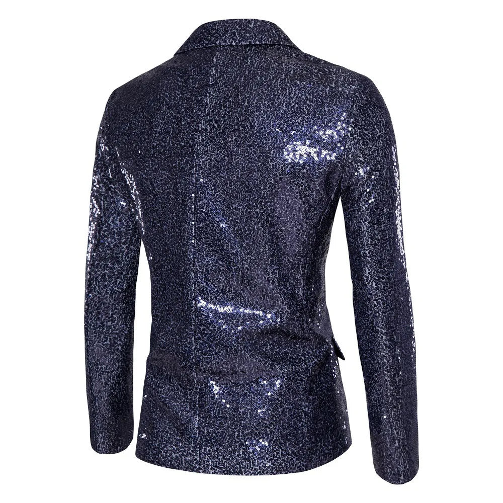 2026 Men's Suit Jacket, Shiny Sequin Stage Performance Coat, White Silver Blue Red Purple Blazers V-neck Single Button S-XXL