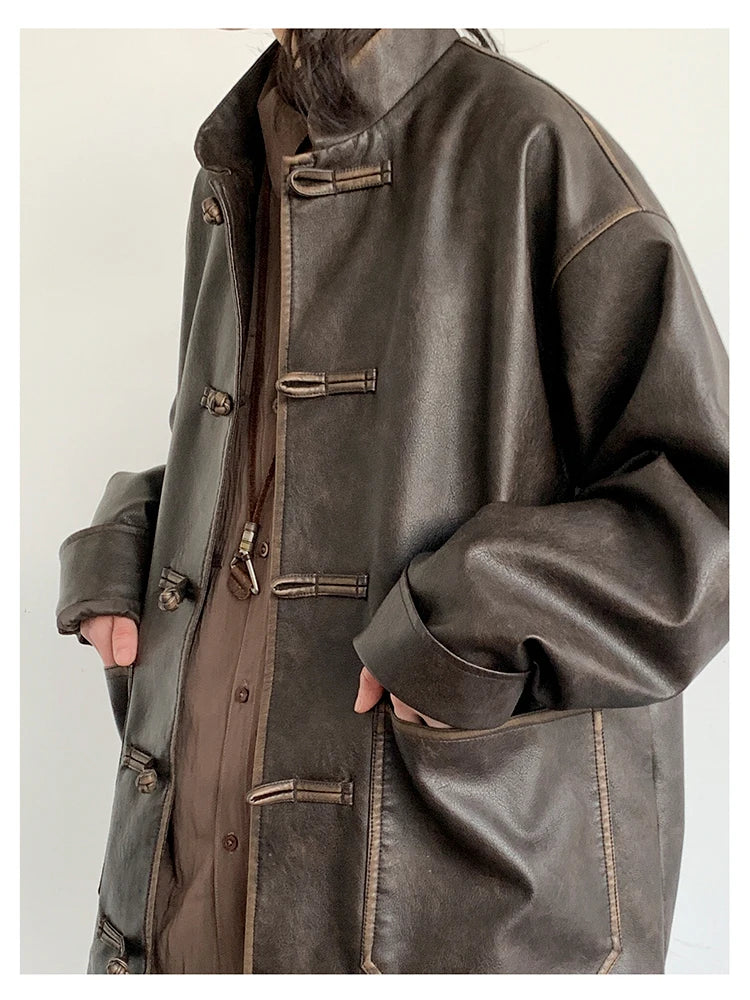 Spring Cool Oversized Vintage Distressed Pu Leather Jacket Men Elegant Luxury Designer Chinese Style Clothes 2024