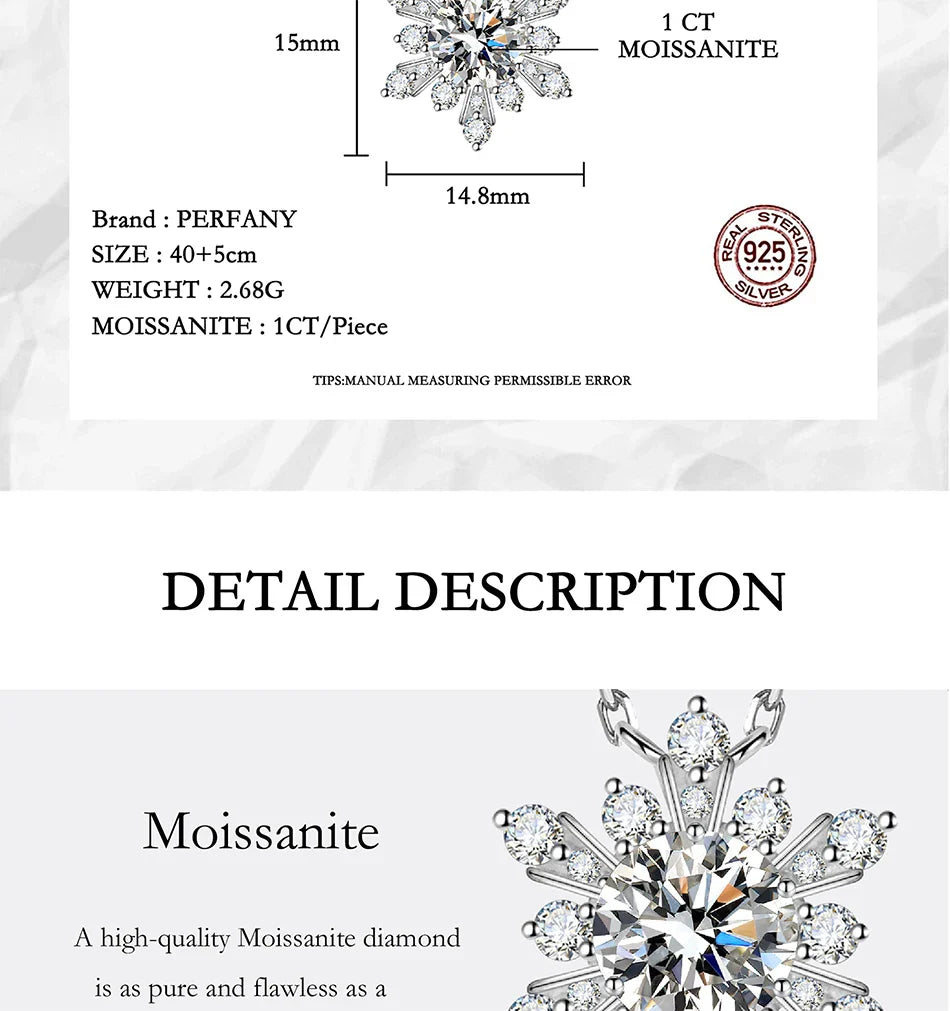 1CT moissanite necklace for women S925 pure silver snowflake design laboratory diamond pendant luxury party jewelry