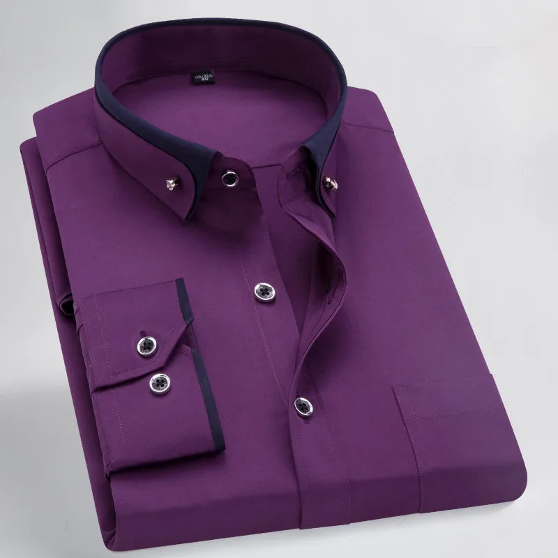 Hot Sale Men's Business Dress Shirts long Sleeve Contrast Collar Social Camisa With Diamond Anti-wrinkle Button Down Black Blue