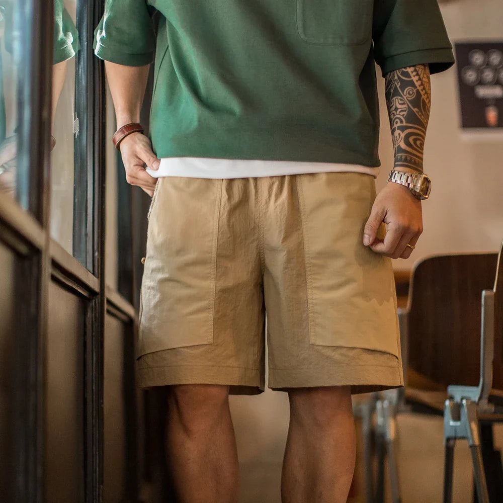 Outdoor Quick-Dry Khaki Cargo Shorts Men's Summer Lightweight Woven Straight Leg Beach Pants Elastic Waist Pocket Shorts