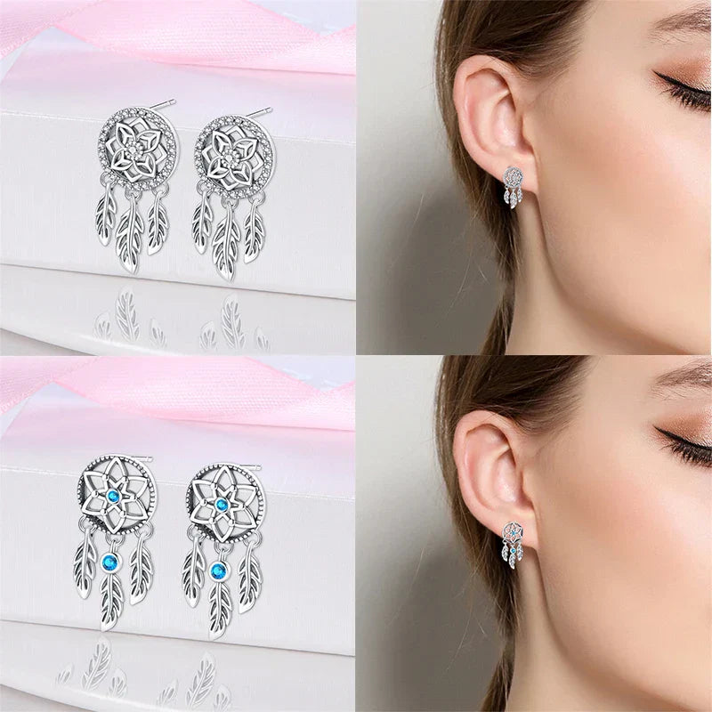 New in 925 Silver Romantic Feather Moon Stars Dream Catcher Earrings For Women Trending Fashion Jewelry Creative Birthday Gifts