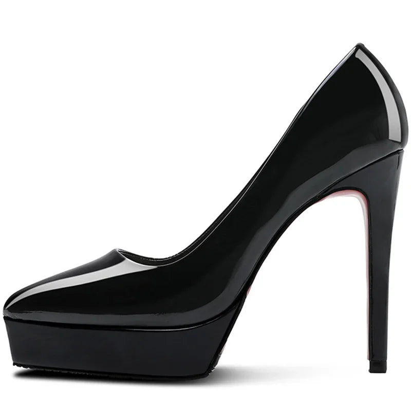 Women Pumps Brand 10CM 12CM Thin High Heels Black PU Slip On Pointed Toe Dress Office Career Party Wedding Waterproof Lady shoes