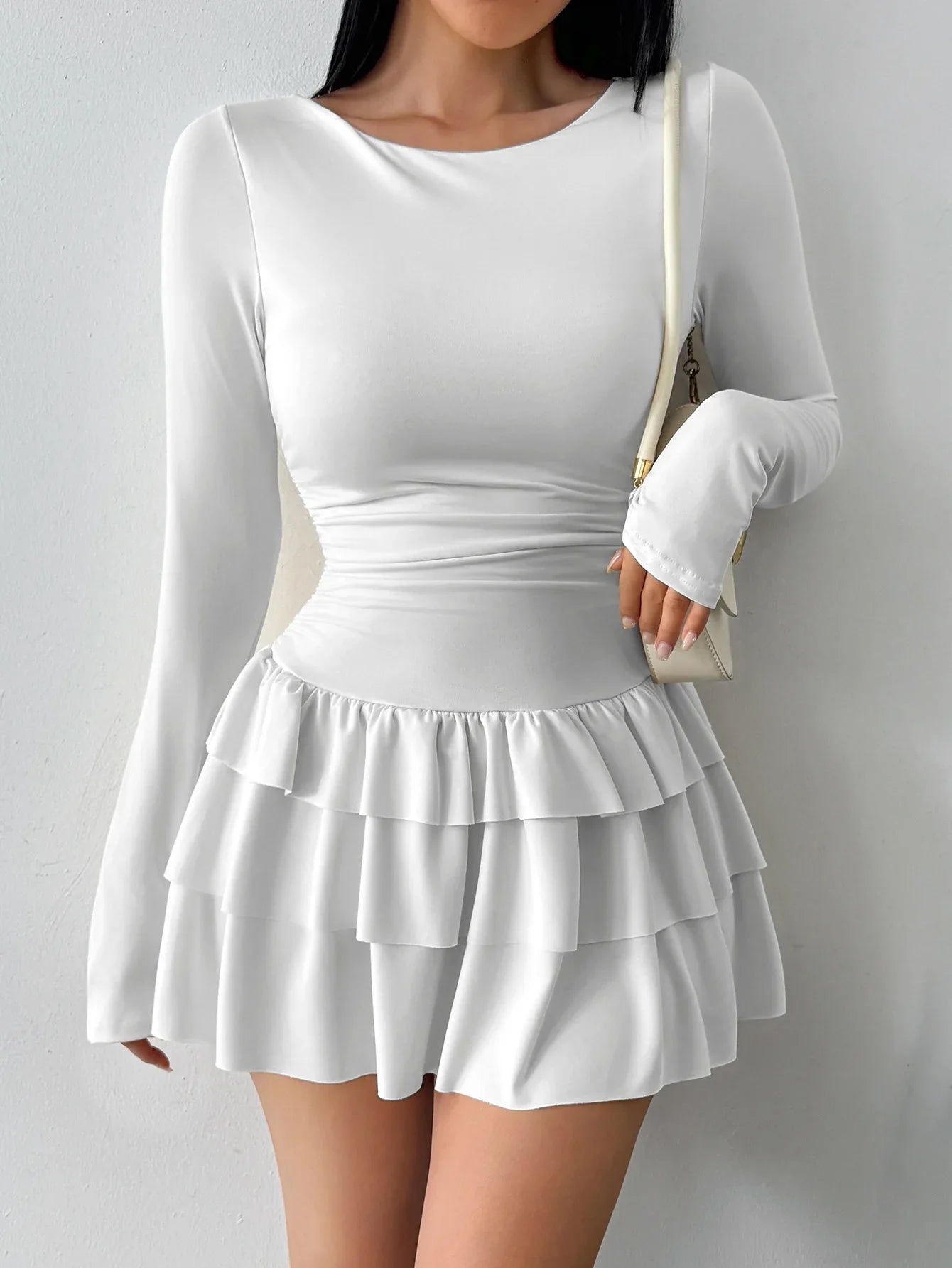 Autumn Winter Solid Color Slim Fit Cascading Ruffles Mini Dress Women Elegant Flare Sleeve High Waist Sexy Party Bodycon Dresses