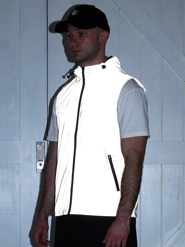 Night Reflective Vest Men's Spring Summer Thin Hooded Fashion Casual Outdoor Run Dancing Hip-hop Streetwear Glowing Clothes