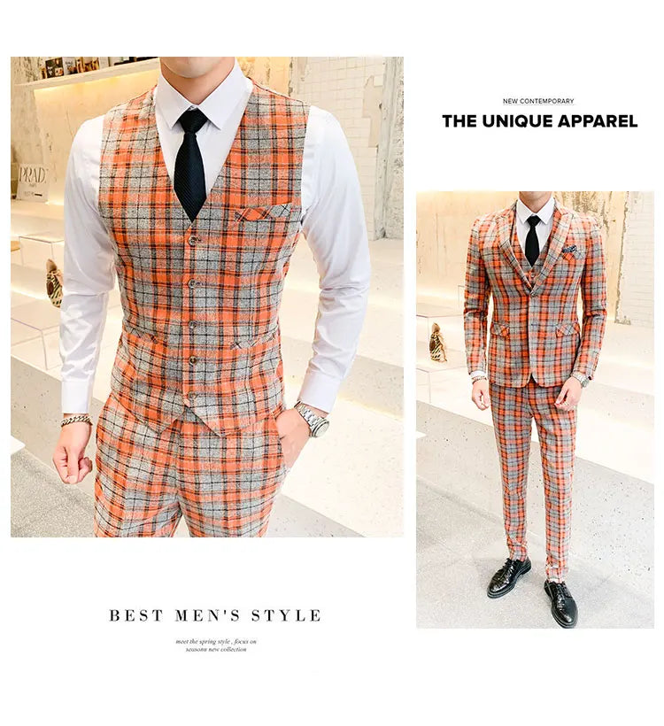 ( Jackets + Vest + Pants ) New Fashion Boutique Plaid Mens Casual Business Suit Groom Wedding Dress Suit 3pces Set Male Blazer