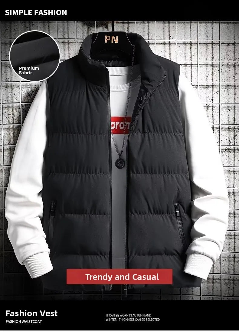 Men's down Vest Thickened Casual Style Stand Collar Jacket Autumn Winter New Fashion Youth Active Fit Zipper Pocket Daily Wear